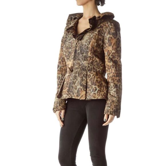 ZELDA Brown Leopard Print Ruffle Collar Jacket 4 - Picture 3 of 10